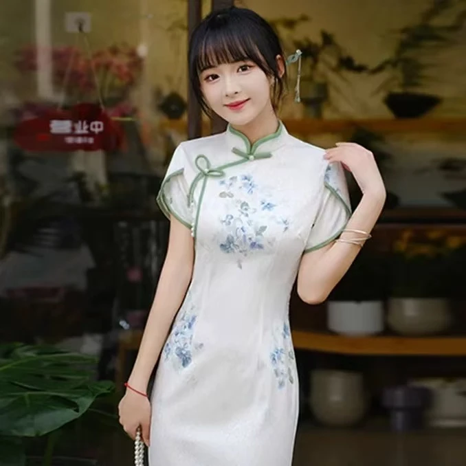 9026 白色 【月夕】 蝴蝶流苏绳 旗袍