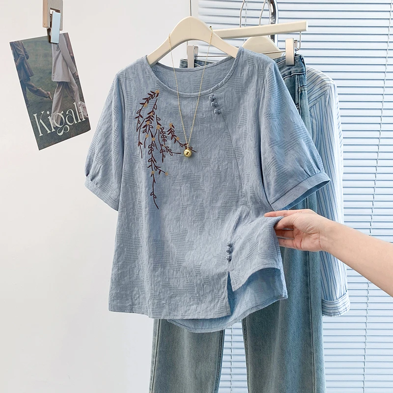 夏季新款国风盘扣绣花圆领洋气休闲小衫女宽松半袖薄款百搭复古