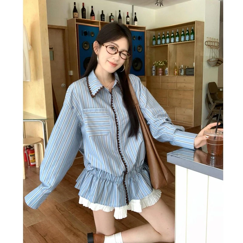 叽咕大码胖妹妹条纹长袖衬衫女装秋季小众休闲宽松POLO领上衣