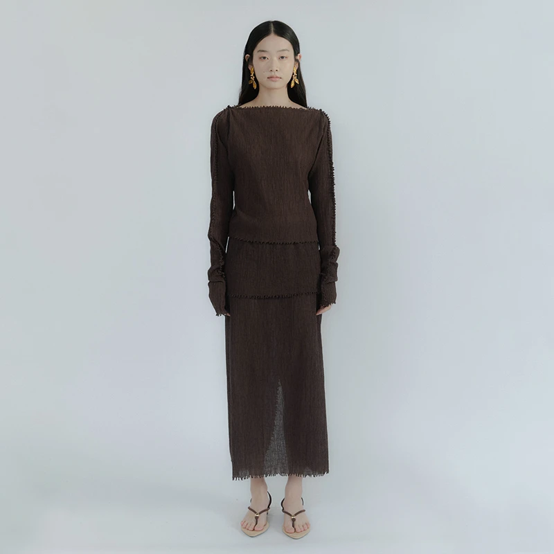 【RODERIC WONG】noundnound皱感毛边一字领多穿长袖上衣25春夏新款