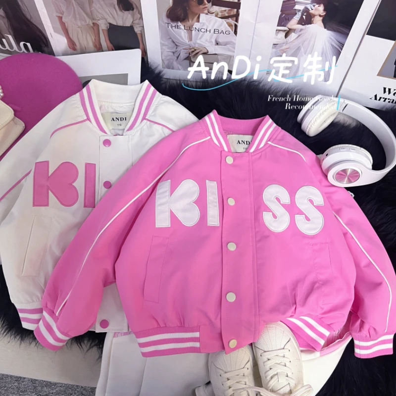 〖ANDI〗订制春季新款百搭女童字母KISS拼色棒球服外套3601