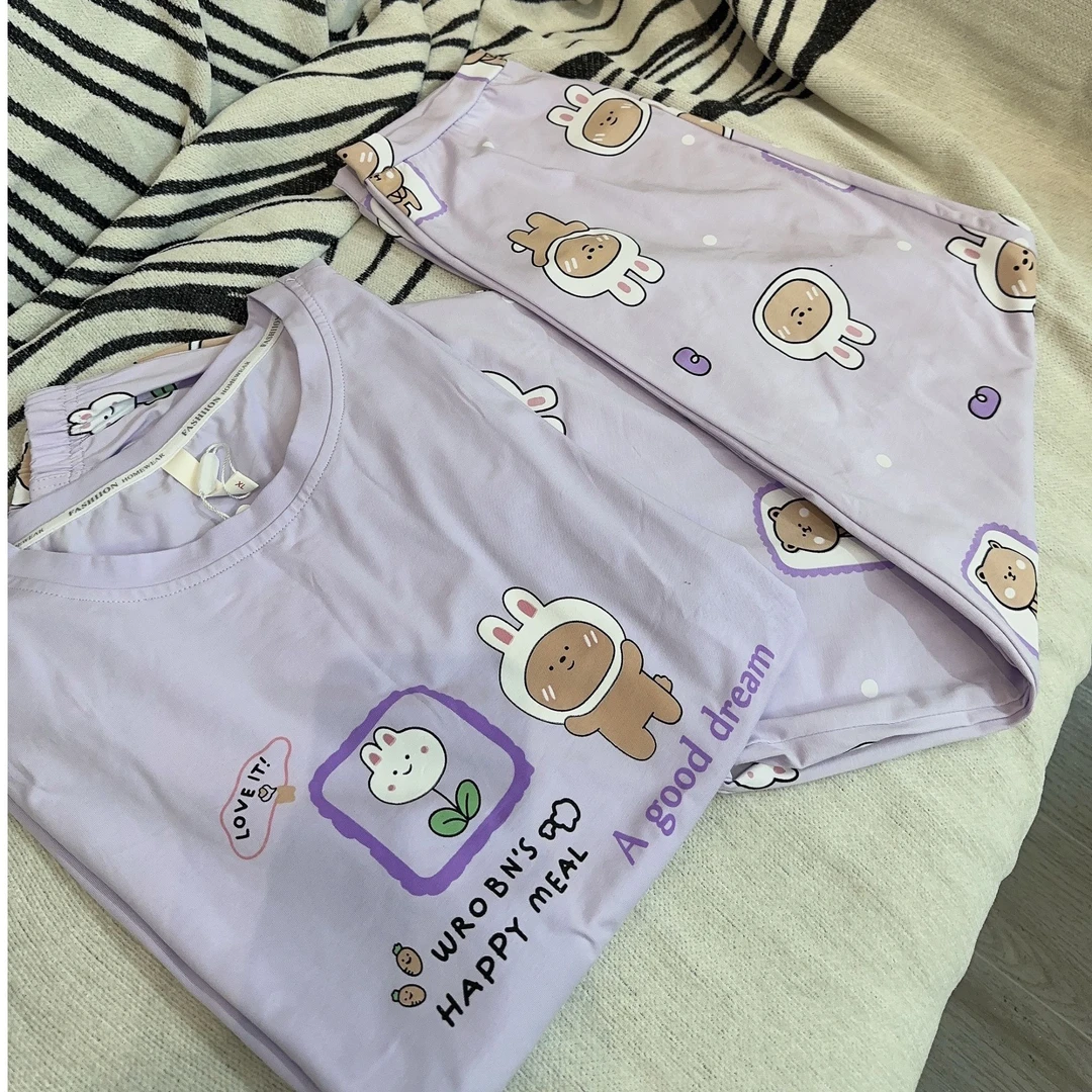 夏季爽棉睡衣女套装休闲圆领印花夏款短袖长裤舒适简约时尚家居服