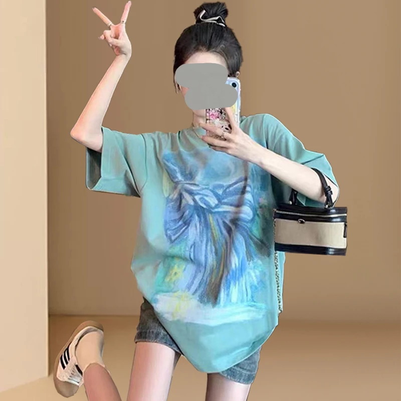 时尚短袖t恤女2025新款夏设计感小众洋气减龄百搭油画蝴蝶结上衣