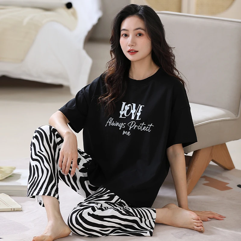 可外出睡衣女夏简约甜美短袖高级纯棉家居服2025年新款宽松两件套