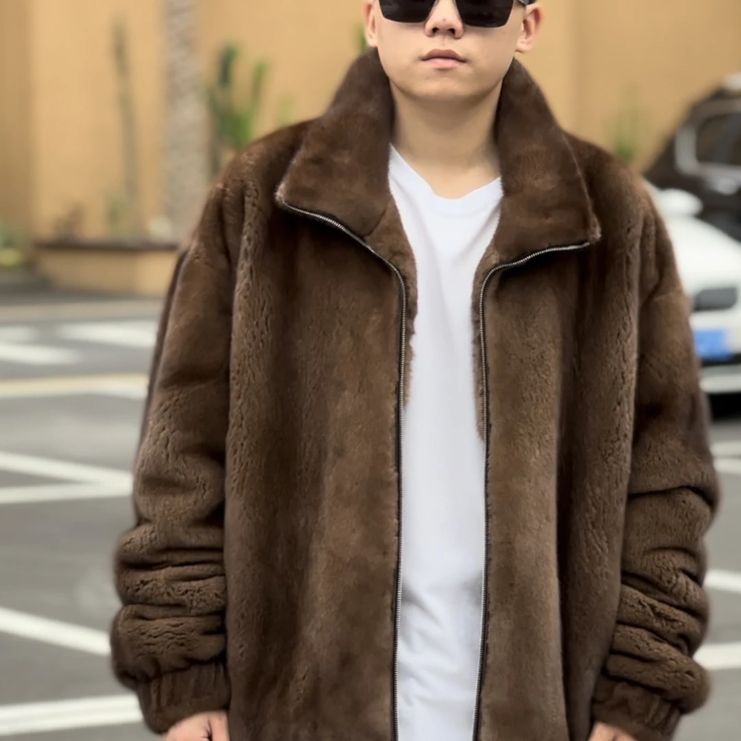 【森源】丹麦紫金短二帕斯条母皮立翻领休闲落肩夹克男生穿貂高级感