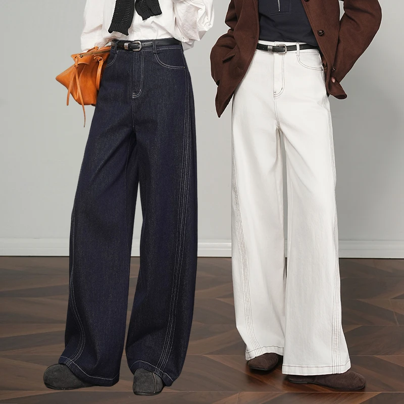 品牌白色阔腿牛仔裤女2025春秋季新款高腰宽松窄版直筒拖地长裤