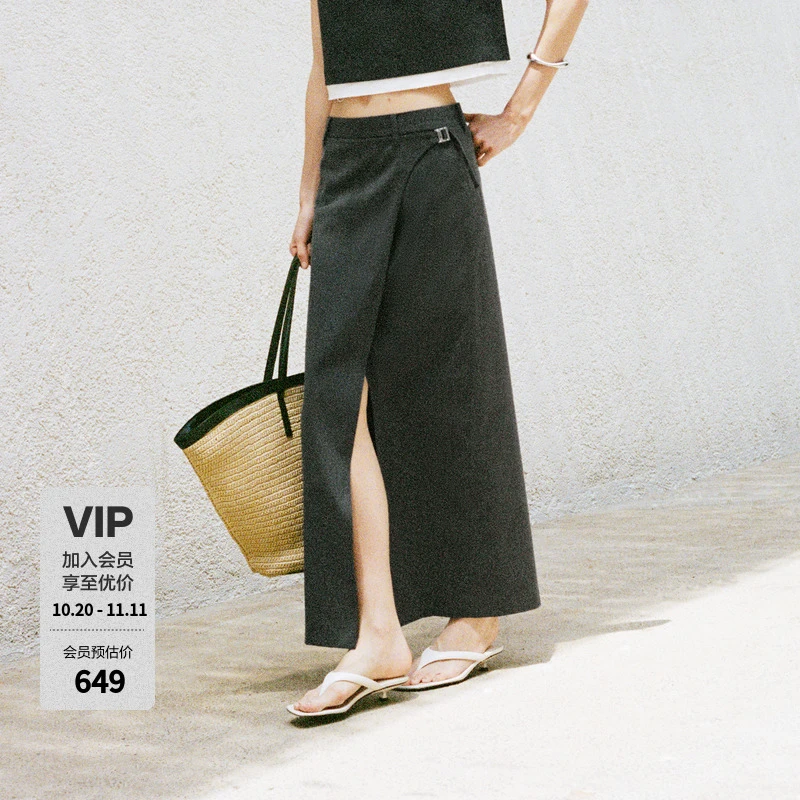 MOCO半身裙2025夏新品解构叠片中低腰长款开叉西装裙MBE2SKTT08