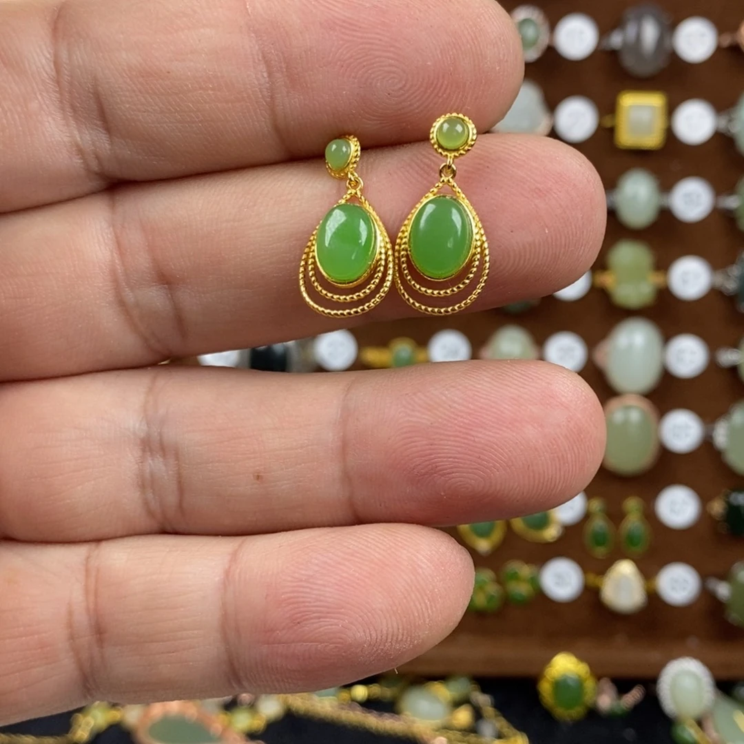 和田玉（碧玉）戒指银S925镀金镶嵌