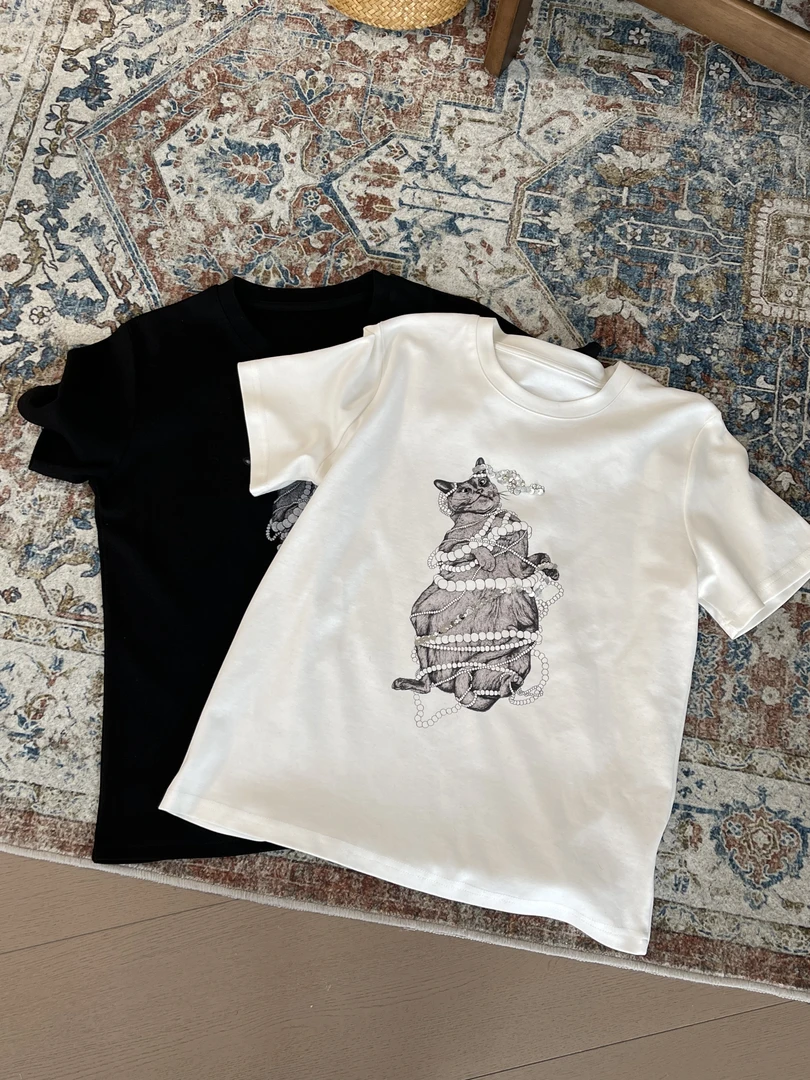 LNHJ【礼物集】轻奢时尚洋气印花珍珠亮片猫咪圆领T恤