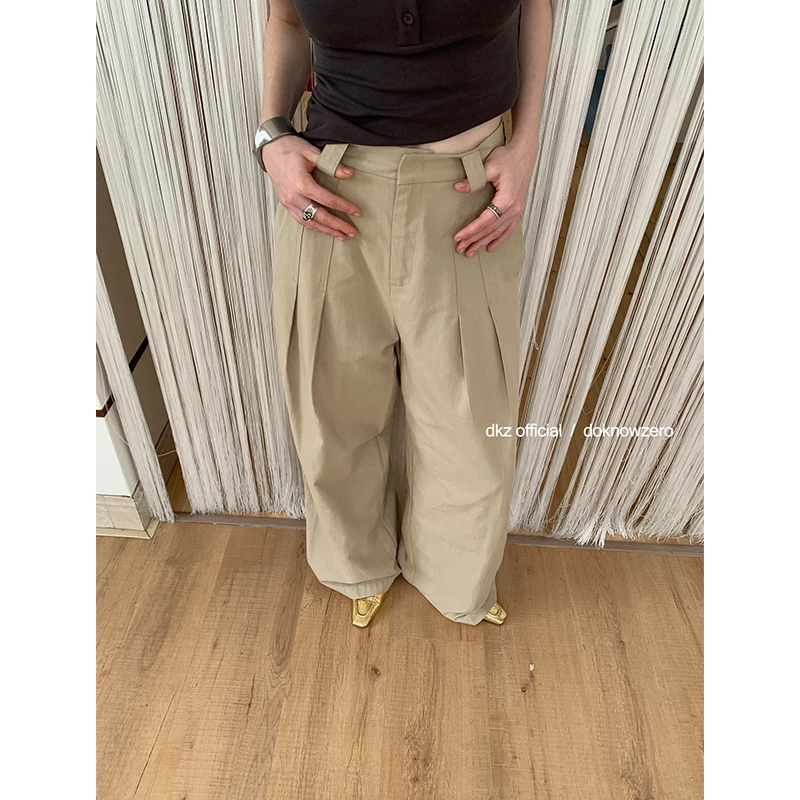 DKZ 双褶设计感休闲裤女夏季新款宽松廓形显瘦阔腿长裤子