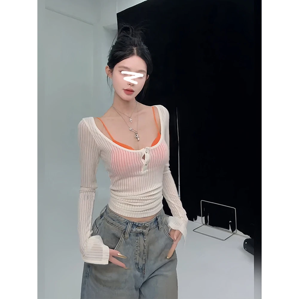 2025年甜辣性感微透长袖t恤秋季新款设计感纯欲百搭气质小众上衣