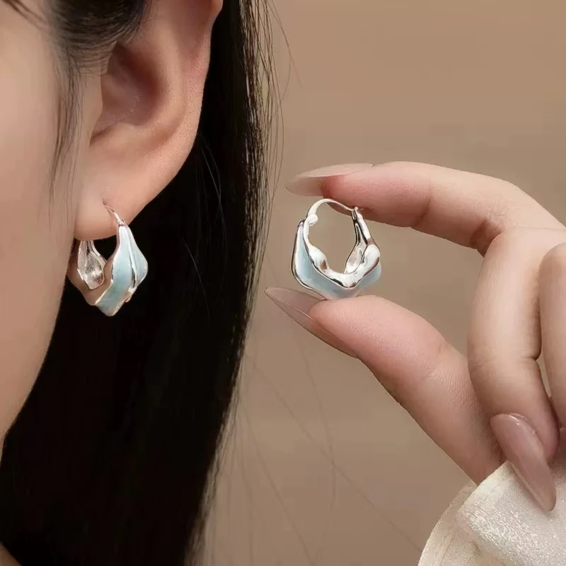 铜合金耳饰 波浪蓝耳扣~日韩蓝色滴釉耳扣女小众设计高级感 W032