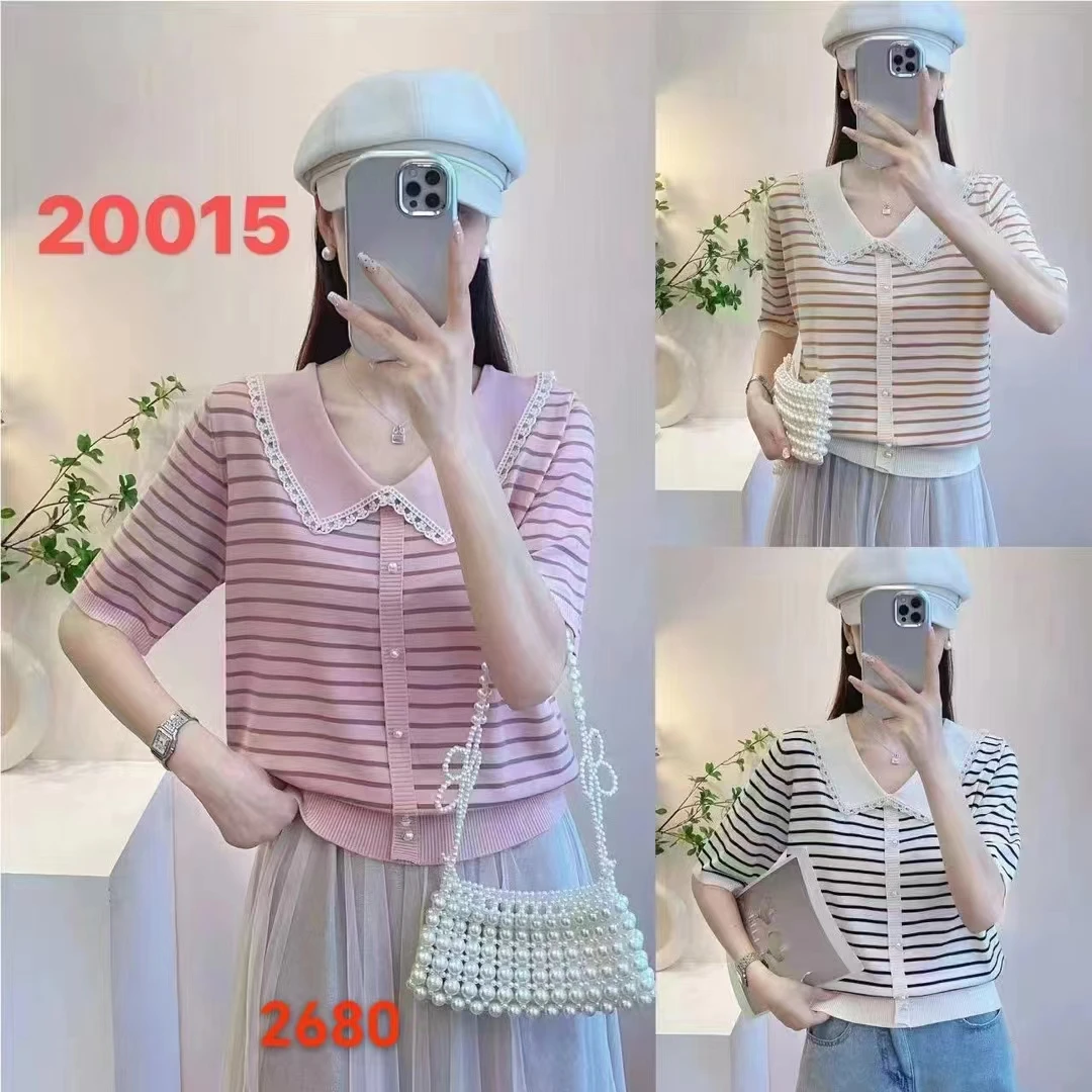 #披领条条 时尚娃娃领T恤女洋气减龄薄款针织衫镂空上衣