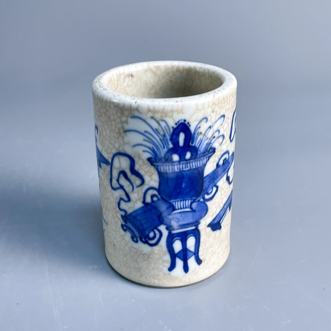 M25K6005258 - 清光绪仿哥釉青花博古纹笔筒