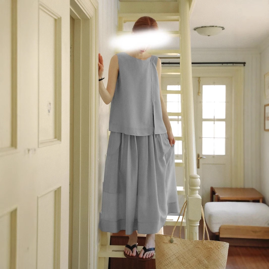 【简知】2025夏季新款通勤无袖不对称衬衫半身裙套装女两件套 360