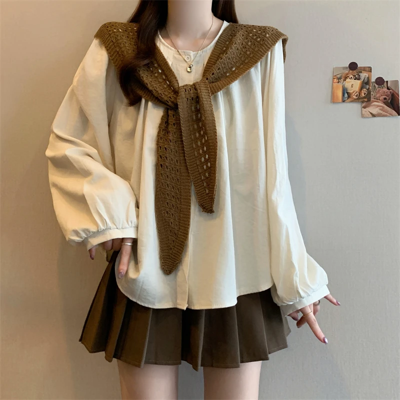 韩系早秋穿搭大码女装胖mm设计感小众针织披肩长袖衬衫两件套上衣