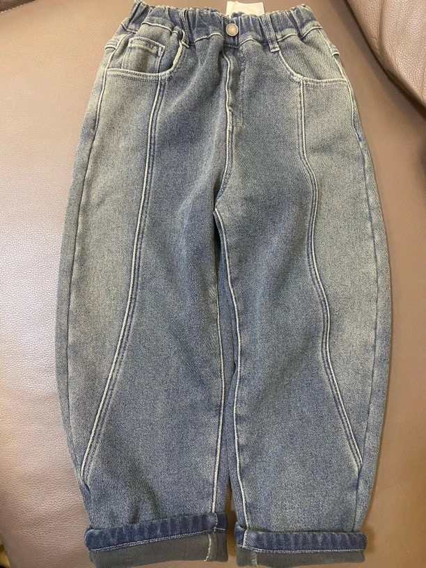 弯刀裤一体绒儿童牛仔裤