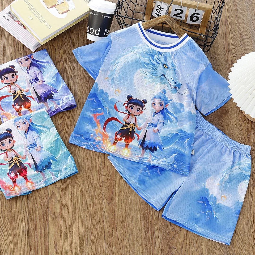 2025哪吒套装夏季儿童短袖短裤两件套帅气爆款新品冰丝清凉中小童