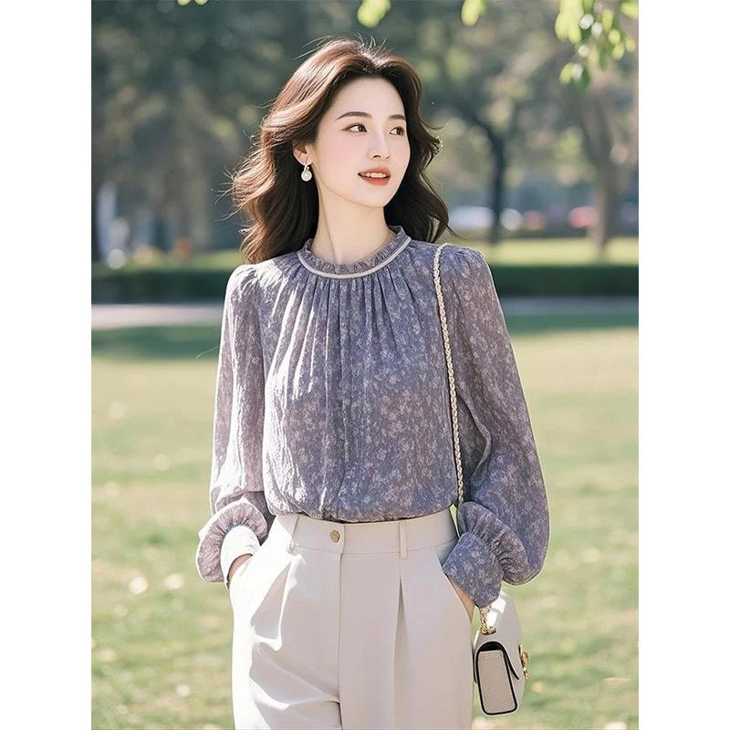 2025夏季新款韩式紫色碎花复古风衬衫女小众高级感慵懒风百搭上衣