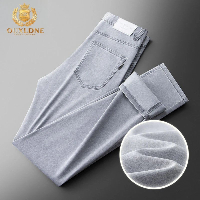 OUXLDNE 男士牛仔裤夏季薄款弹力透气直筒裤中年商务时尚休闲长裤
