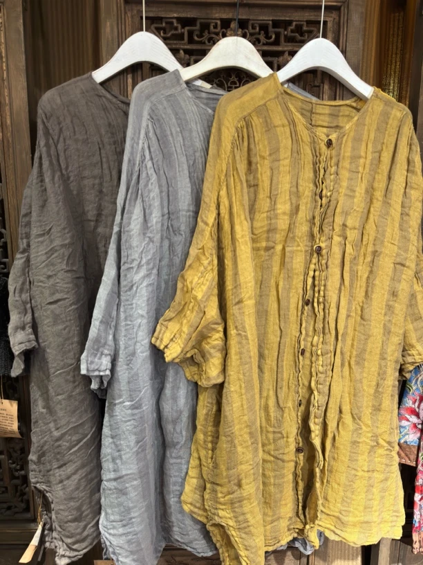 【依豆麻衣】高定系列复古流浪风做旧皱麻长衫