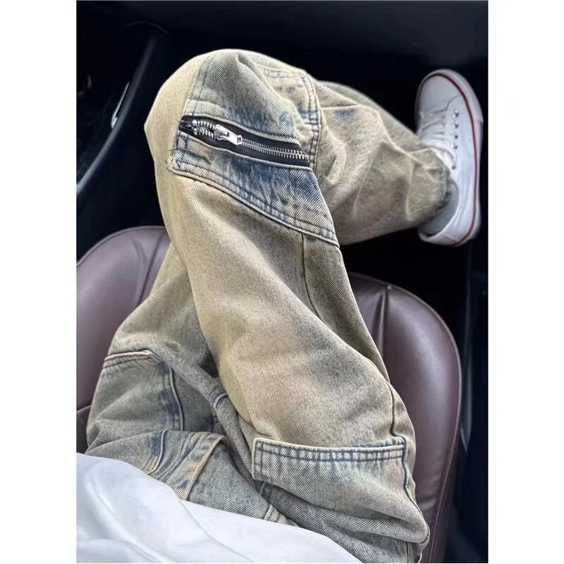 【牛仔裤男款】美式街头复古水洗做旧牛仔裤松高腰显瘦直筒阔腿裤潮