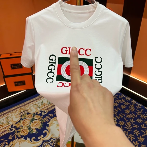 2025夏季新款男士圆领轻奢植绒烫钻休闲百搭短袖