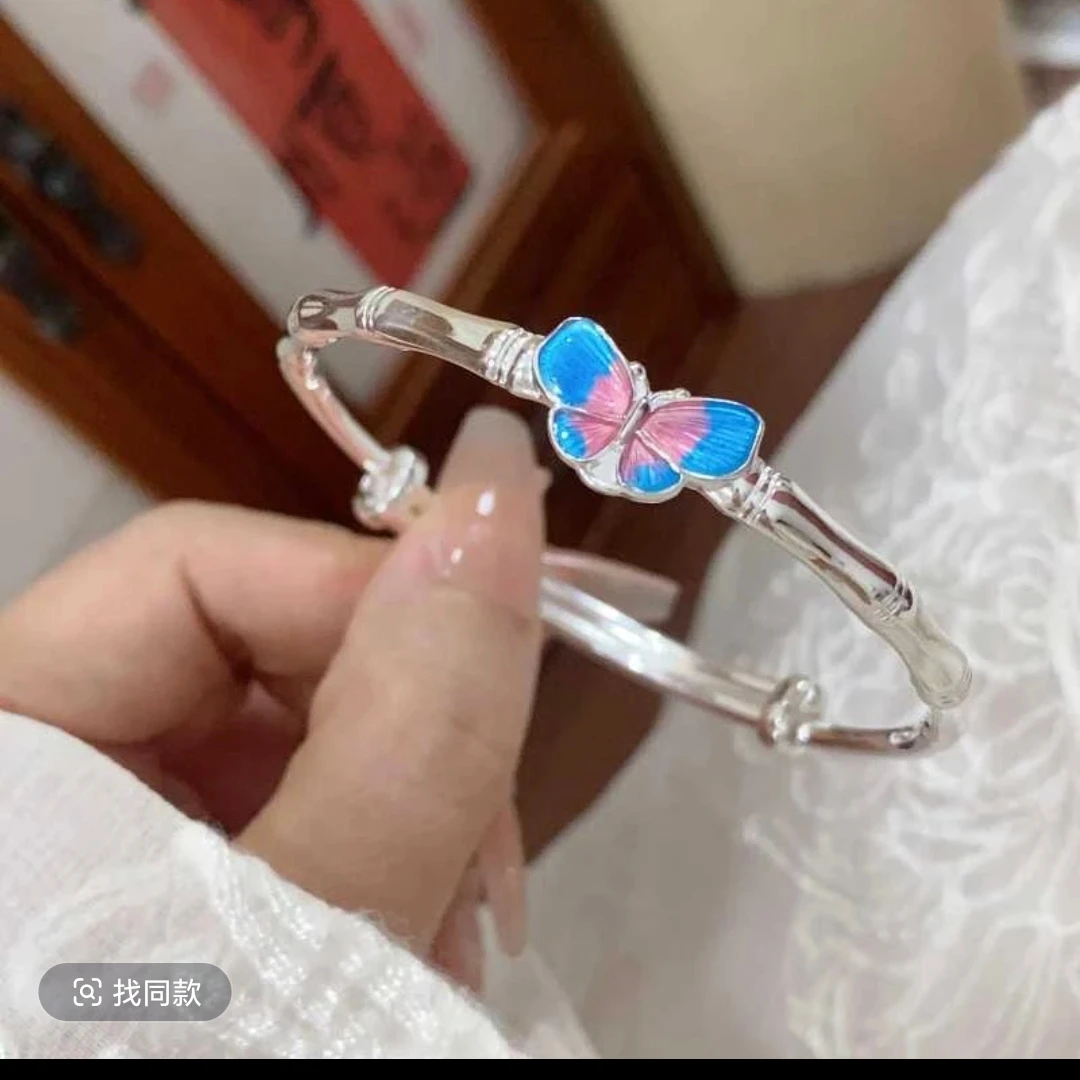 足银手镯 足银999.9珐琅蝴蝶竹节中童银手镯新中式约15克