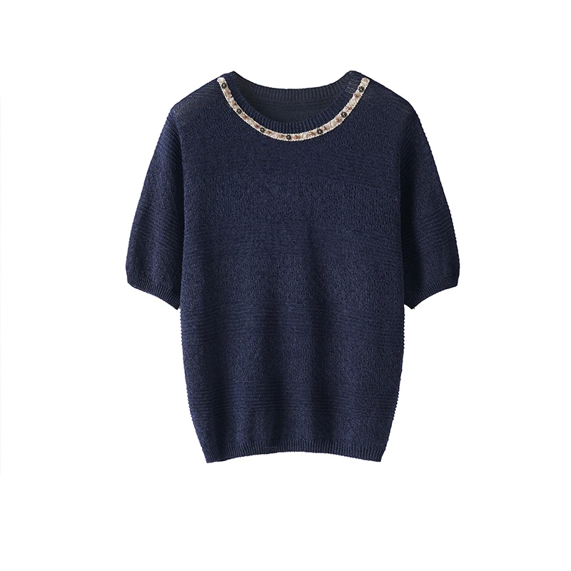 YS25C02高级手工钉珠针织女装短袖T恤