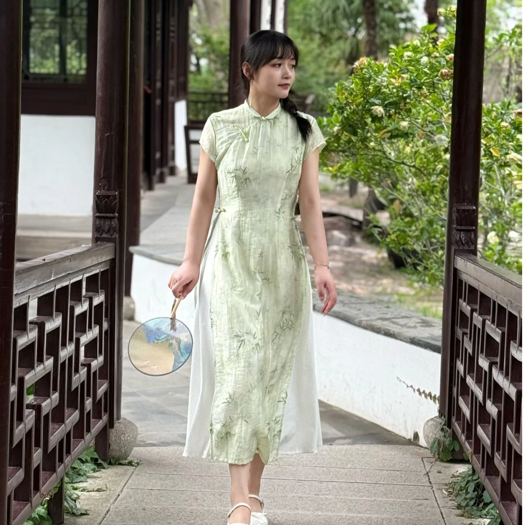 [清竹雅韵]新中式奥黛旗袍日常款优雅显瘦遮肚子小个子国风旗袍裙