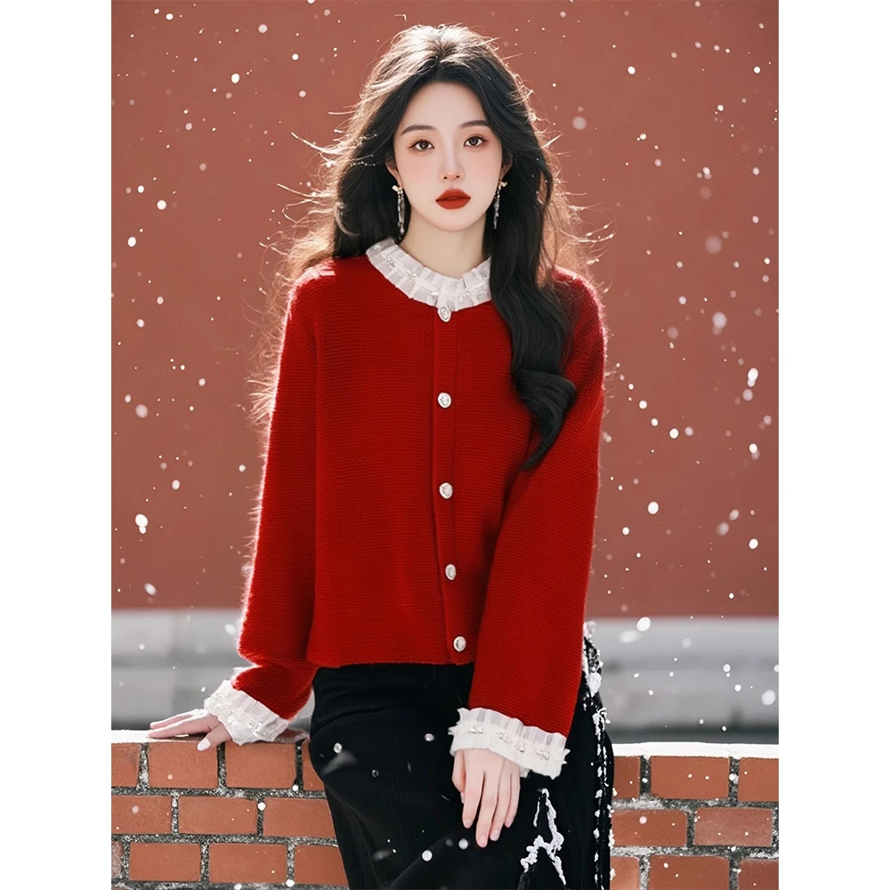 红色木耳边长袖针织开衫外套新年圣诞穿搭独特漂亮小香风短款毛衣