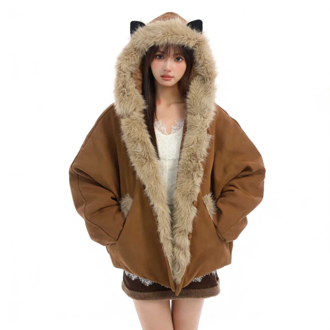 时尚新款仿狐狸毛领连帽加厚外套大衣冬季新款可爱猫耳朵棉衣外套
