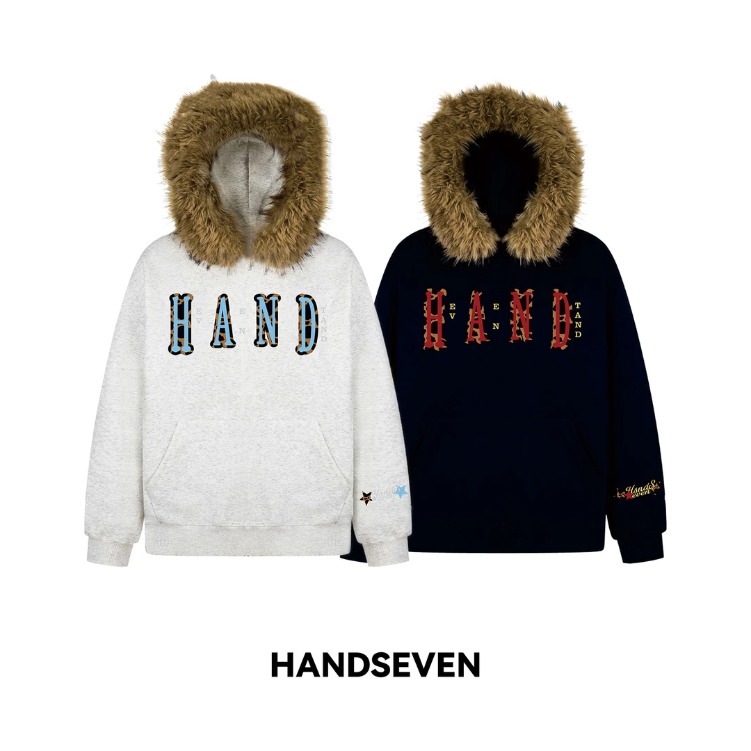 HandSeven美式复古字母刺绣重磅连帽卫衣秋冬慵懒风加绒毛领上衣