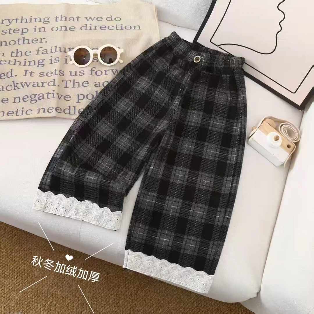 女童加绒秋冬格子阔腿裤新款女孩蕾丝直筒裤儿童韩版加厚休闲长裤