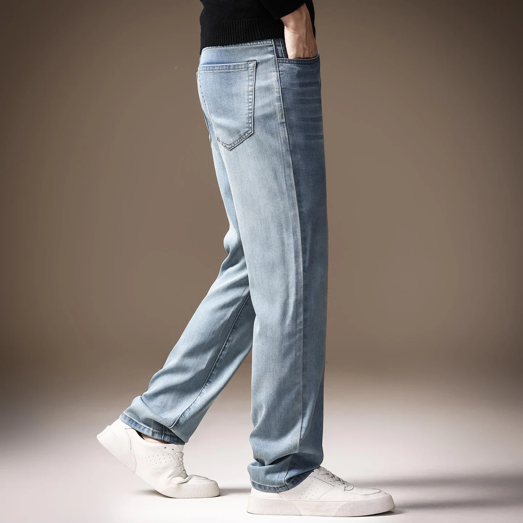 杜拉妮高端美式复古浅色男士牛仔裤夏薄款简约时尚宽松直筒休闲裤