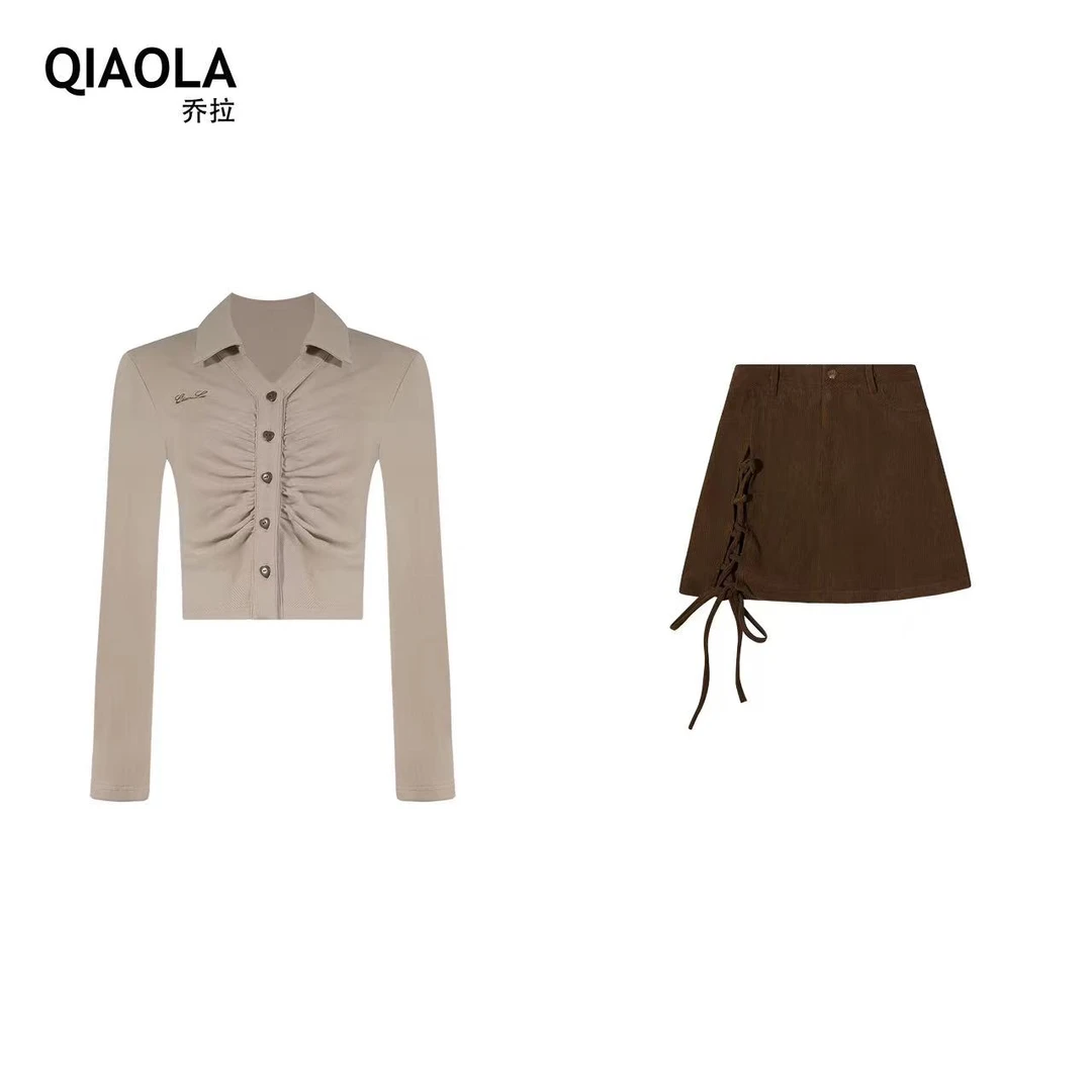 QIAOLA/乔拉【太妃榛果】秋款针织灯芯绒翻领单排扣时尚套装预售