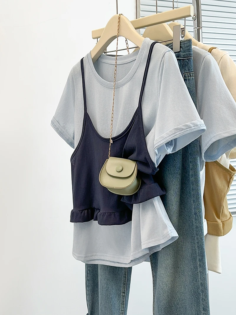 2025夏装新款胖mm大码女花边吊带背心纯色短袖T恤套装35091