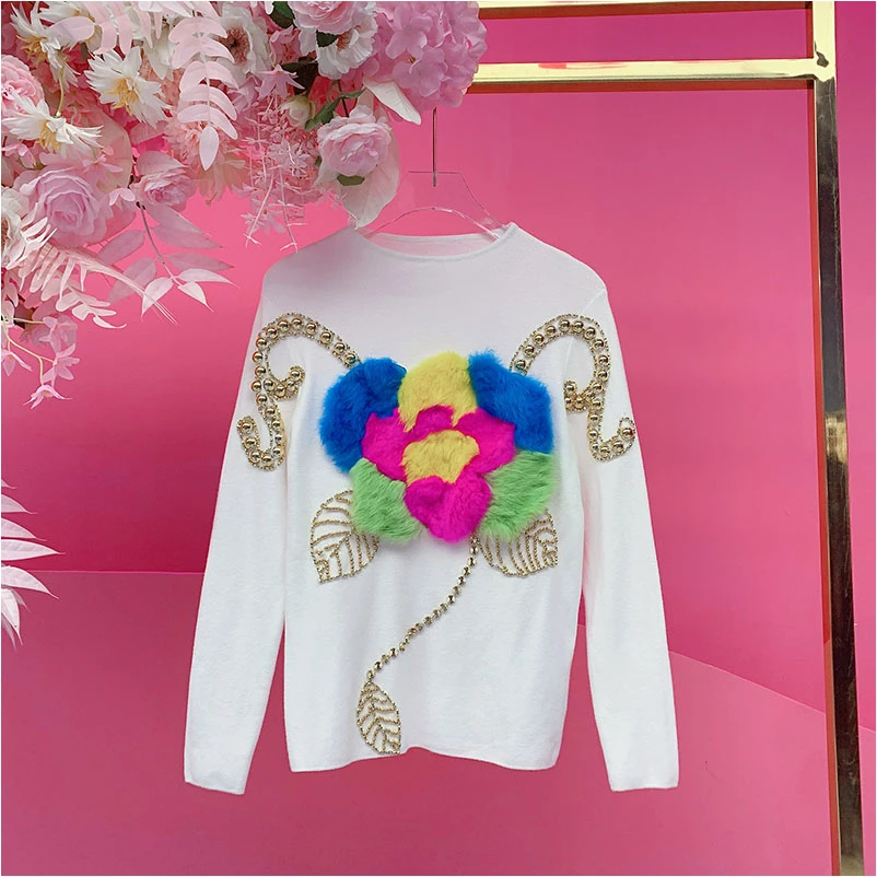 A5094欧美设计师2025冬季新款重工钉钻刺绣拼兔毛花朵打底针织衫
