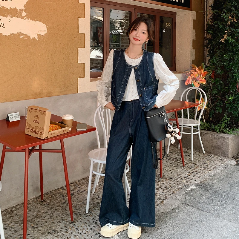 蓝色复古韩版洋气牛仔马甲套装女秋季新款休闲时尚百搭减龄三件套