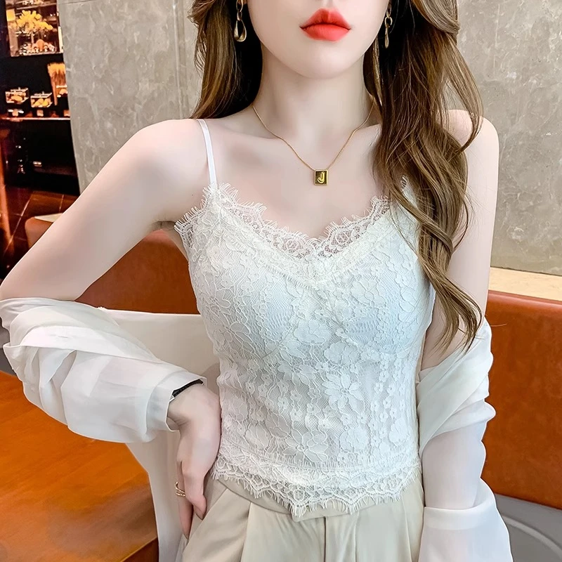 2025新款秋夏内搭一体带胸垫打底上衣别致性感法式蕾丝小吊带背心
