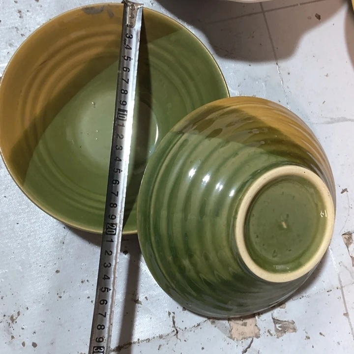 瓷片五厂绿釉三色大面碗一对微瑕瓷