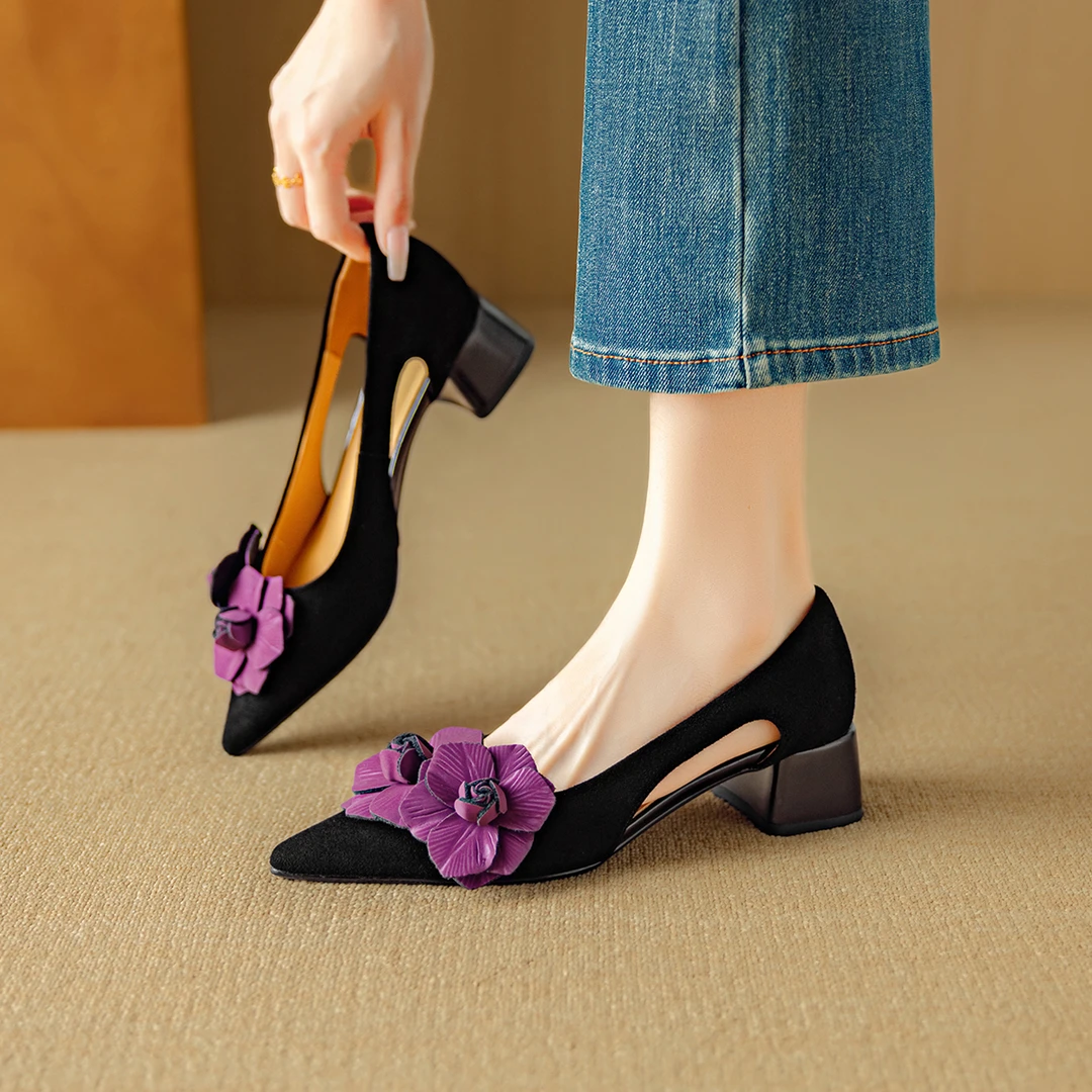 2025夏季新款繁花系列花朵尖头中跟粗跟单鞋时尚气质真皮舒适女鞋