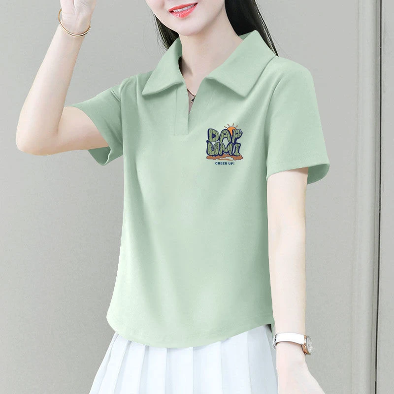 夏季翻领2025新款印花洋气遮肉上衣女士简约纯棉抹茶绿短袖POLO衫