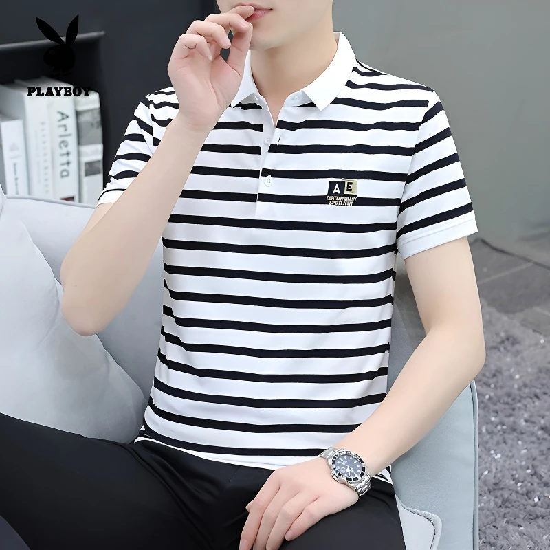 花花公子夏季男士短袖T恤韩版翻领POLO衫商务休闲青年条纹半袖男