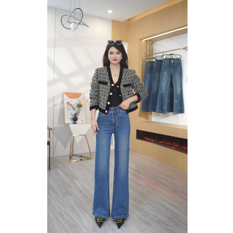 【流影】牛仔裤女高腰修身2025年冬季新款筒喇裤弹力加绒显瘦