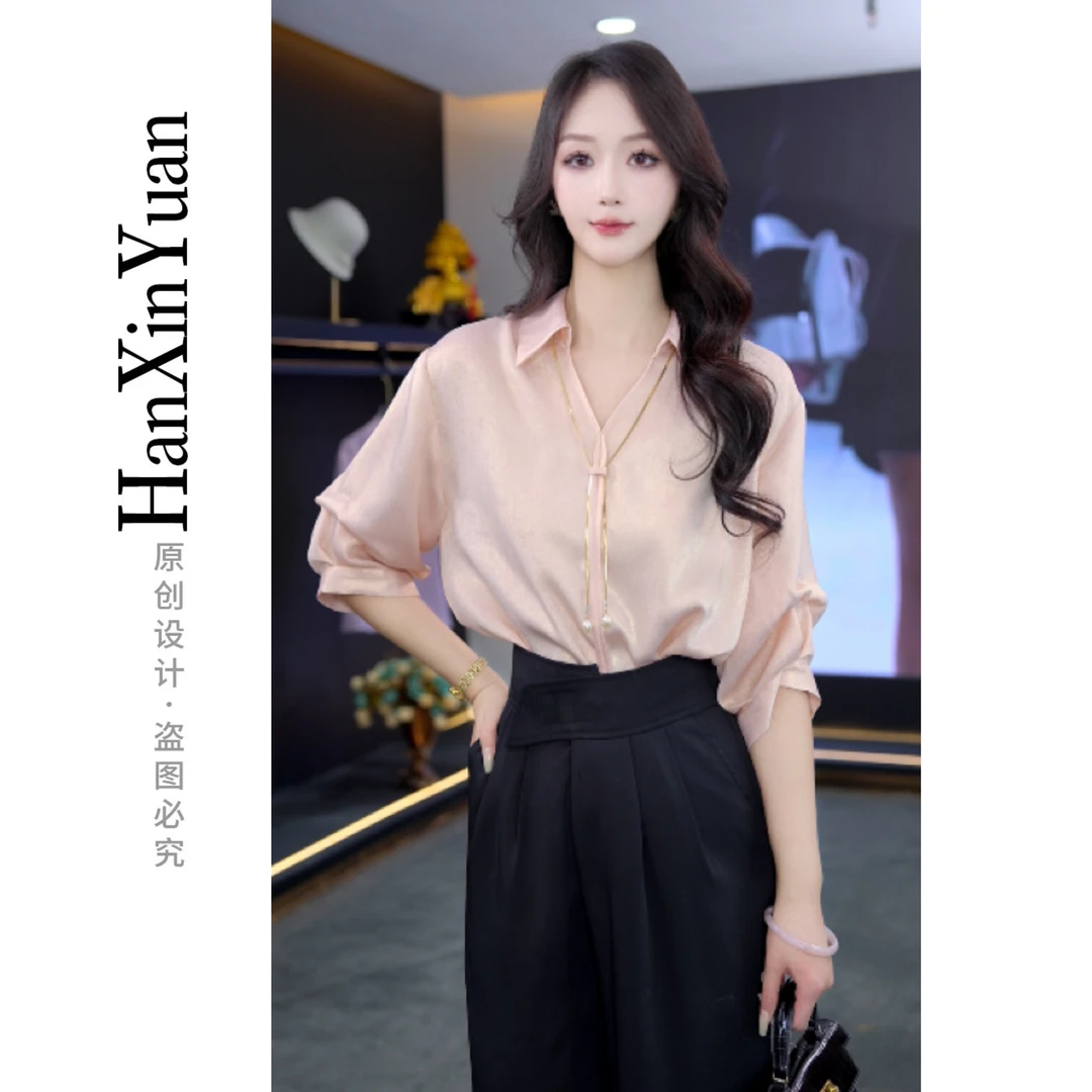 XG232夏新款简约优雅宽松袋衬衫显瘦遮肉款洋气南油高定穿搭
