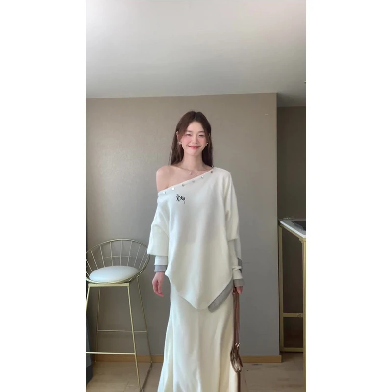 春季新款韩系甜美松弛感不规则露肩一字领针织衫毛衣女半身裙套装