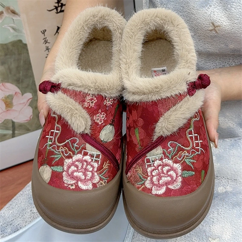 2025冬季新款老北京棉鞋一脚蹬民族风绣花加绒防滑新中式女鞋