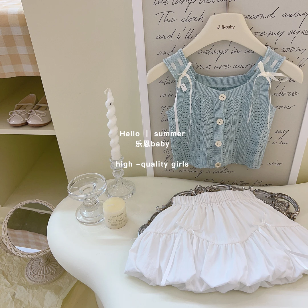 【乐恩童装】女童夏季洋气镂空针织衫套装背心吊带花苞半身裙两件套