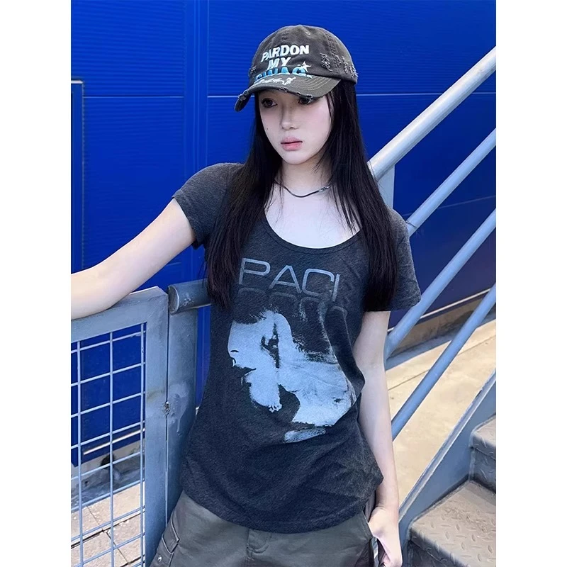 美式高街印花大领口正肩短袖t恤女夏季辣妹复古修身显瘦灰色上衣